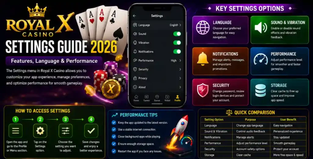 Royal X Casino settings menu showing language, notifications, sound, and account options
